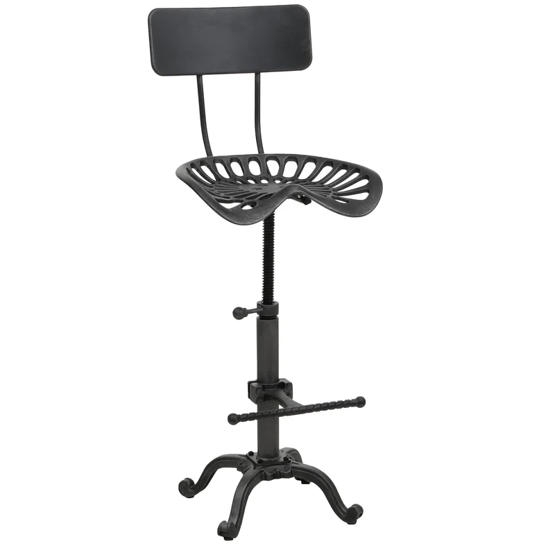 Tabouret de bar industriel réglable pivotant avec dossier repose pieds métal noir et argent 04_0009263