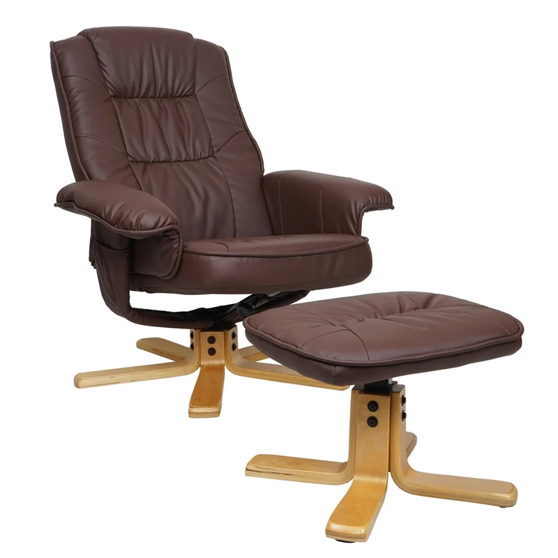Fauteuil TV de relaxation avec repose-pieds pieds en bois d'eucalyptus assise en PVC rouge-marron 04_0006838