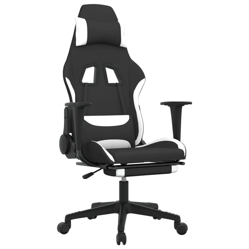 Fauteuil de bureau chaise gaming sur roulettes avec coussin lombaire avec repose-pieds en tissu blanc et noir DEC025833