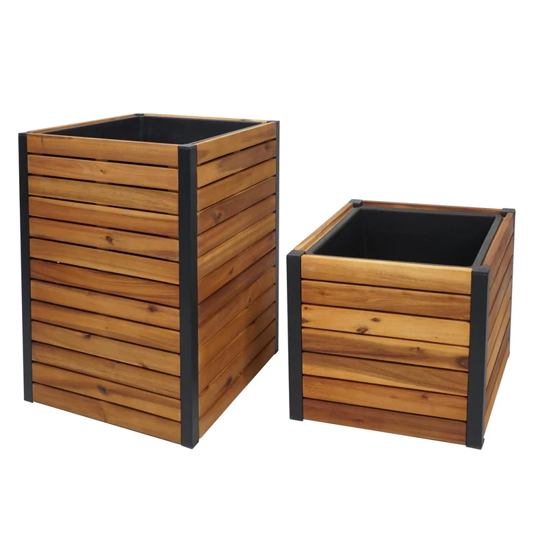 Lot de 2 jardinières pot fleurs pour extérieur en bois d'acacia marron cadre en aluminium 04_0007413