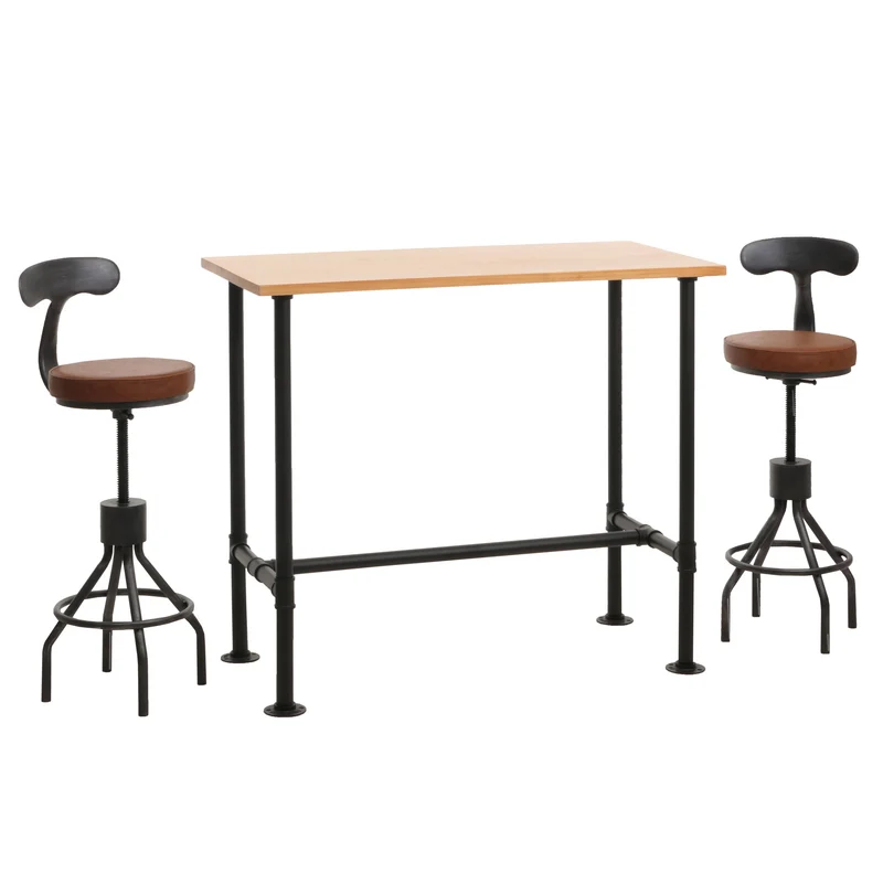 2x tabourets de bar avec dossier repose-pieds réglable en hauteur avec table design industriel en métal et PVC marron 04_0006772