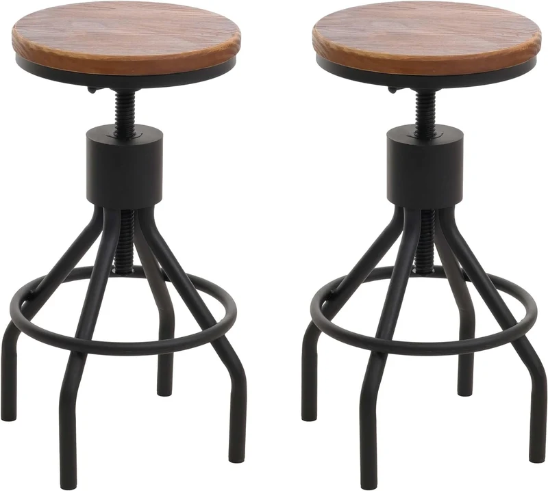 Lot de 2 tabourets de bar chaise haute design industriel réglable en hauteur repose-pieds rotatif métal noir et bois massif marron TDB04082
