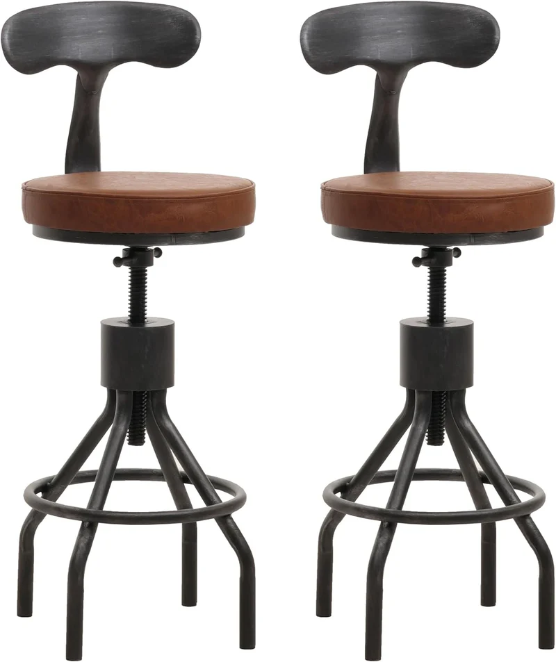 Lot de 2 tabourets de bar chaise haute design industriel avec repose-pieds rotatif réglable en hauteur en acier et simili cuir marron TDB04085