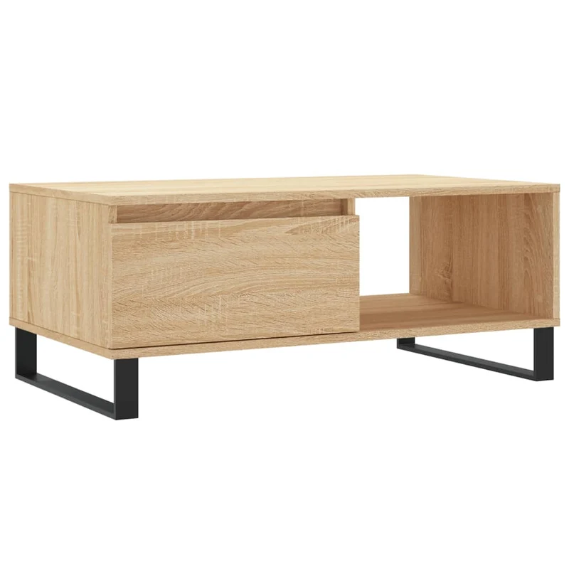 Table basse avec tiroir design moderne et contemporain 90 x 50 x 36,5 cm bois d'ingénierie couleur chêne et métal DEC039045