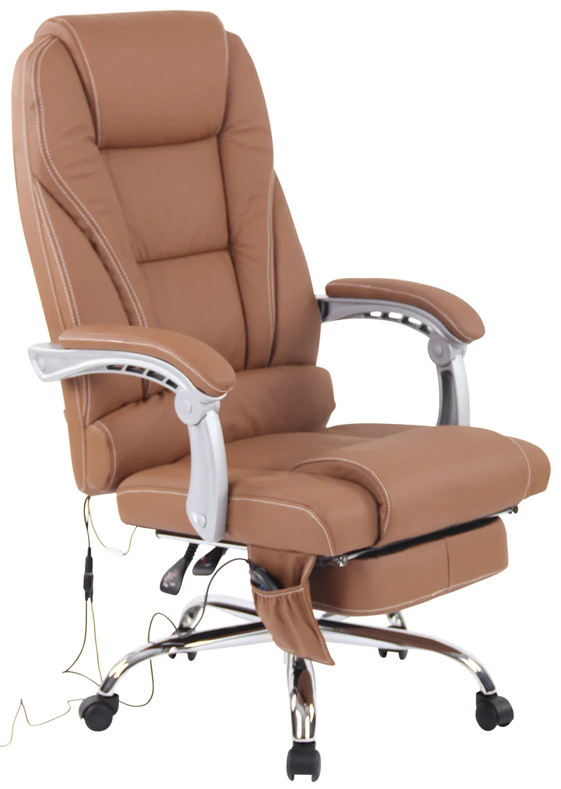 Fauteuil de bureau ergonomique fonction massage avec repose-pieds extensible accoudoirs en véritable cuir marron et métal 10_0006983