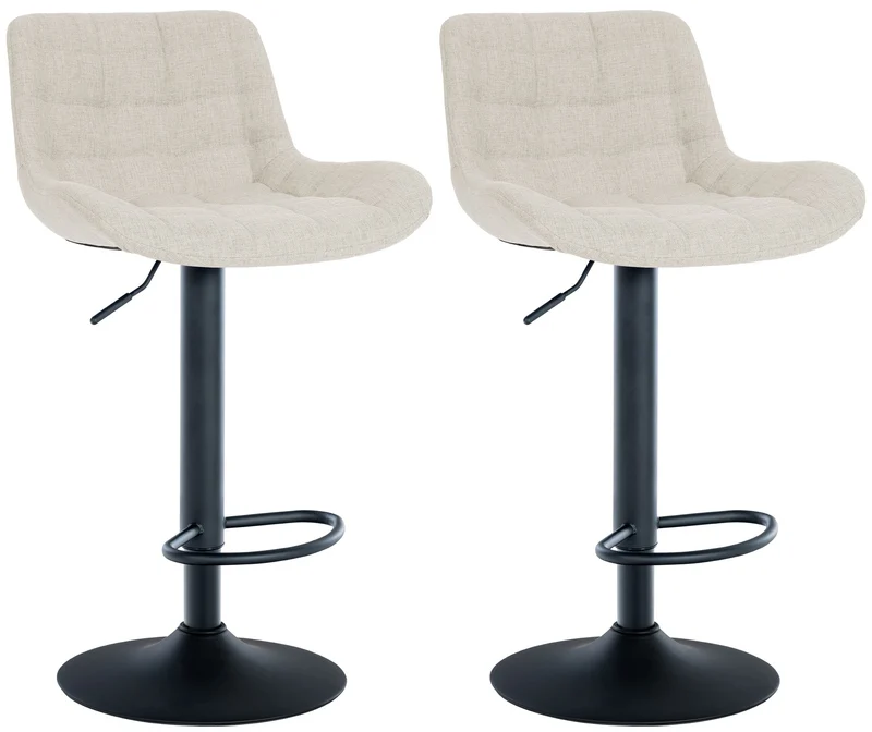 Lot de 2 tabourets de bar en tissu crème avec surpiqûres décoratives carrées cadre métal noir avec repose-pieds 10_0006065