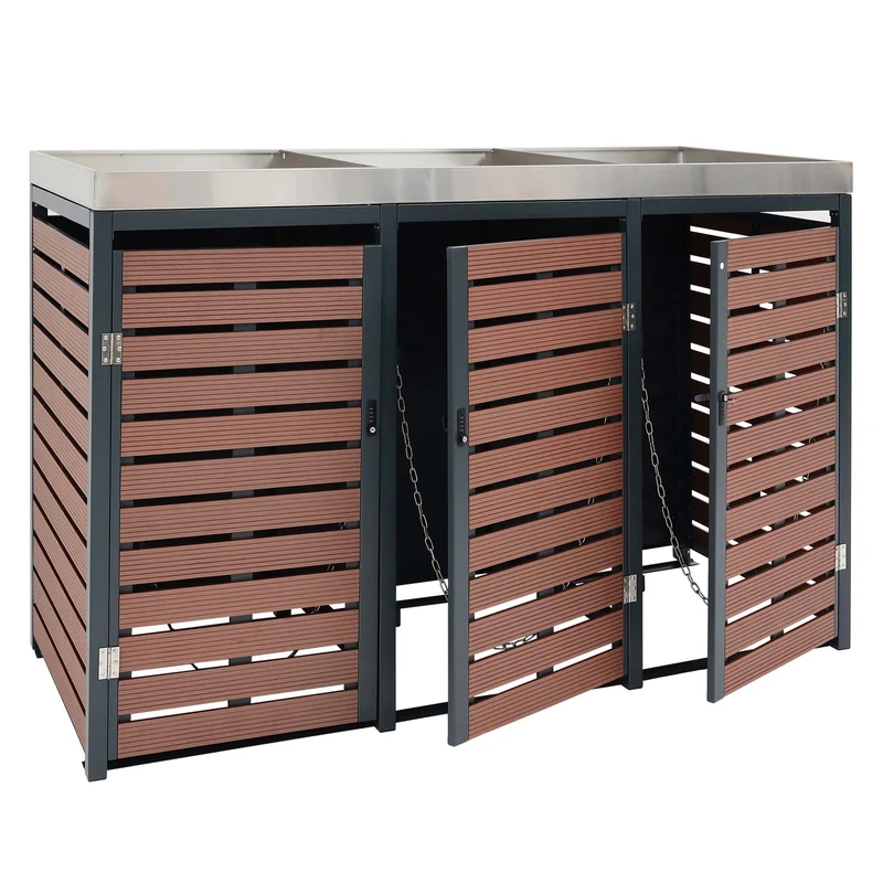 Abri poubelles triple avec bac à plantes 200 x 84 cm structure en acier galvanisé panneaux en bois composite WPC 04_0008237