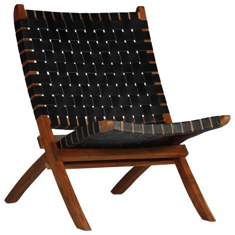 Chaise pliable bandes croisées en cuir véritable noir cadre en bois DEC026285