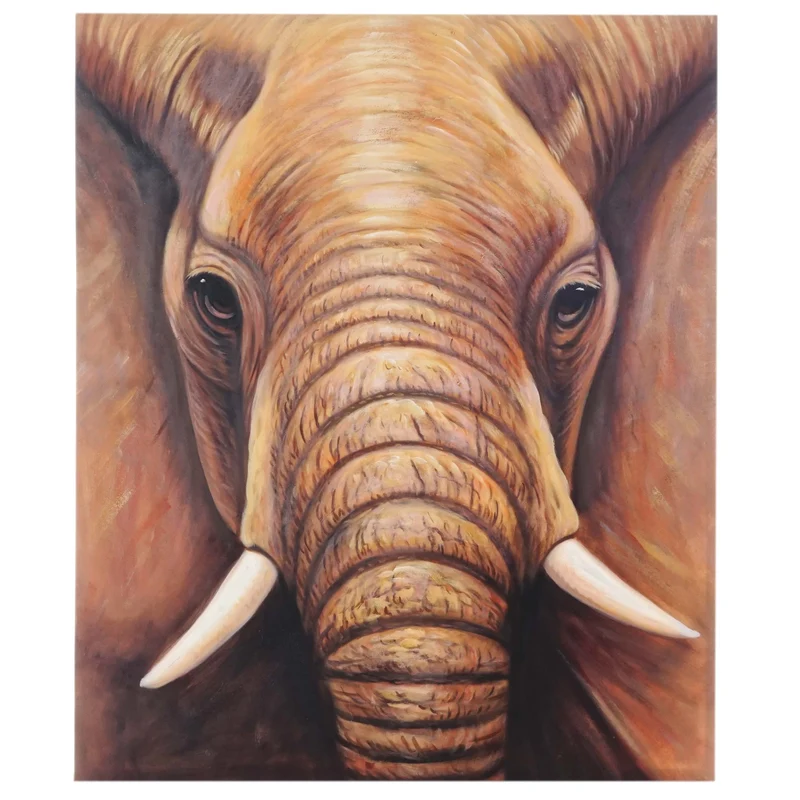 Tableau éléphant gros plan 120 x 100 cm peinture à l’huile sur toile œuvre murale faite main cadre bois naturel 04_0011412