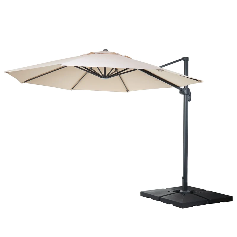 Parasol déporté rond Ø 400 cm hauteur 255 cm inclinable avec manivelle aluminium et polyester couleur crème avec base 04_0011242