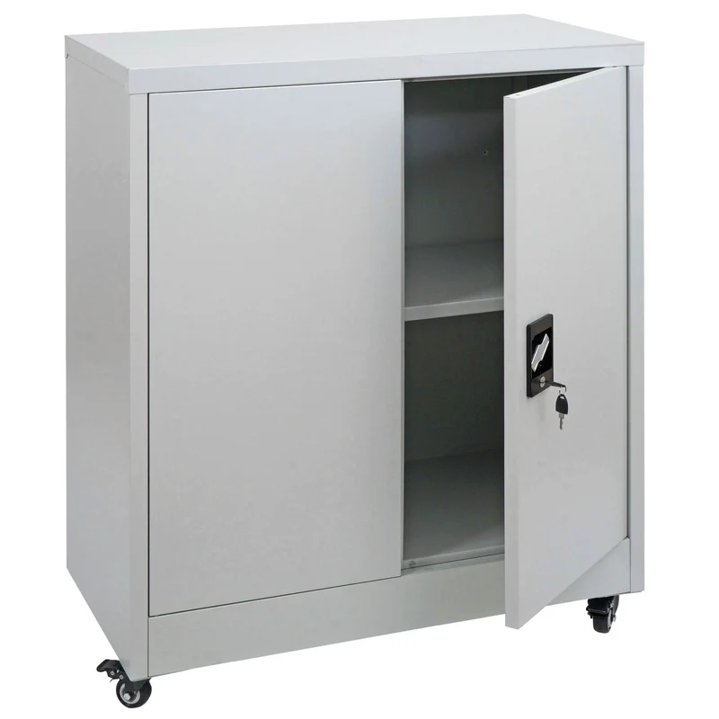 Armoire de bureau métallique gris clair avec roulettes meuble de rangement verrouillable 2 portes étagère réglable 04_0009382