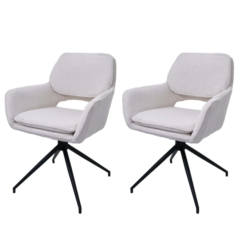 Lot de 2 chaises de salle à manger pivotante 180° avec retour automatique tissu bouclé crème piètement en forme de trépied fer noir 04_0009973