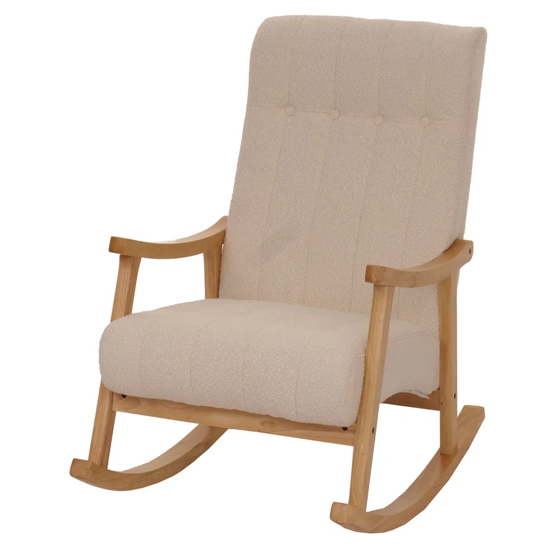 Fauteuil à bascule design avec accoudoirs assise large en tissu bouclé beige structure bois massif naturel 04_0009810