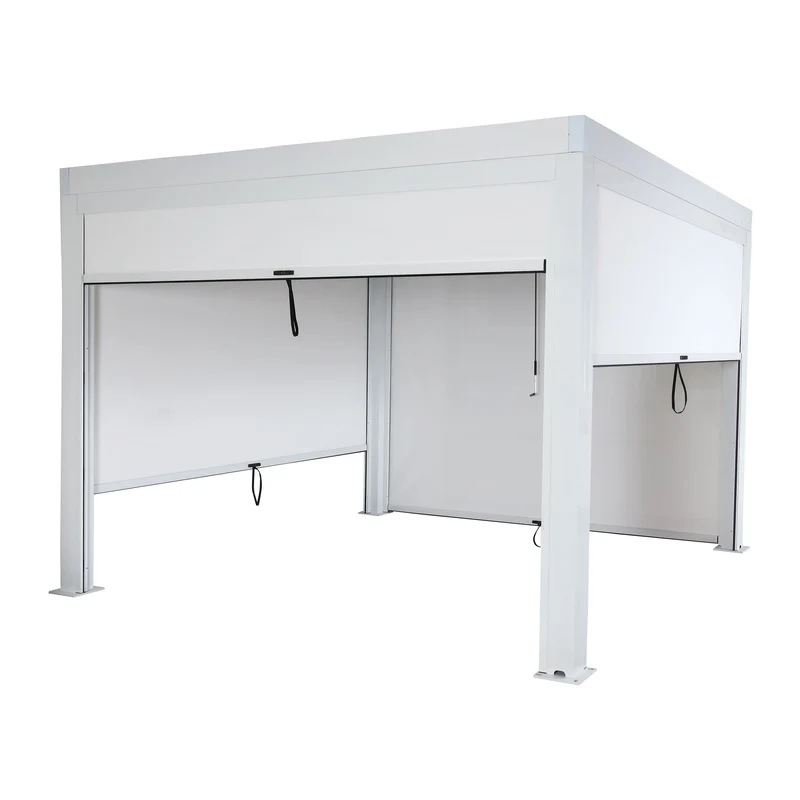 Pergola bioclimatique 3x3 avec 4 stores latéraux toit à lames orientables résistante au vent gouttière intégrée structure aluminium blanc 04_0010274