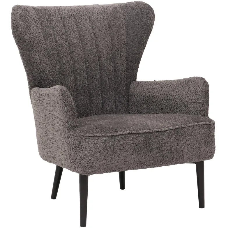 Fauteuil lounge design style rétro avec accoudoirs assise large rembourrage épais tissu chenille gris foncé structure métal 04_0009990
