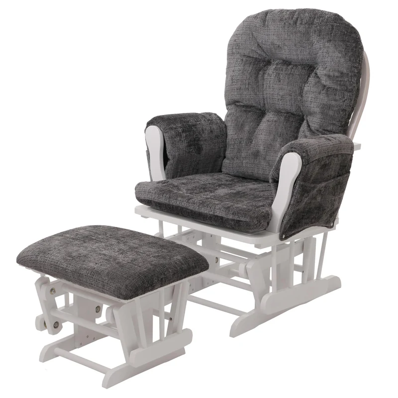 Fauteuil relax à bascule avec repose pieds assise confortable poches latérales tissu chenille gris foncé structure bois blanc 04_0009920