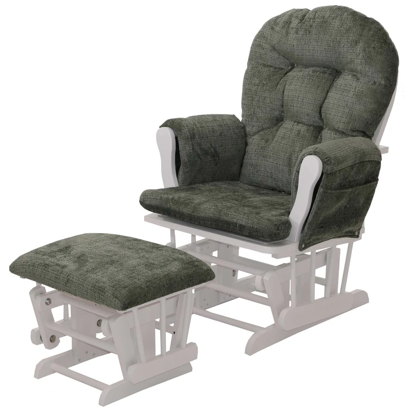 Fauteuil relax à bascule avec repose pieds assise confortable poches latérales tissu chenille vert structure bois blanc 04_0009918
