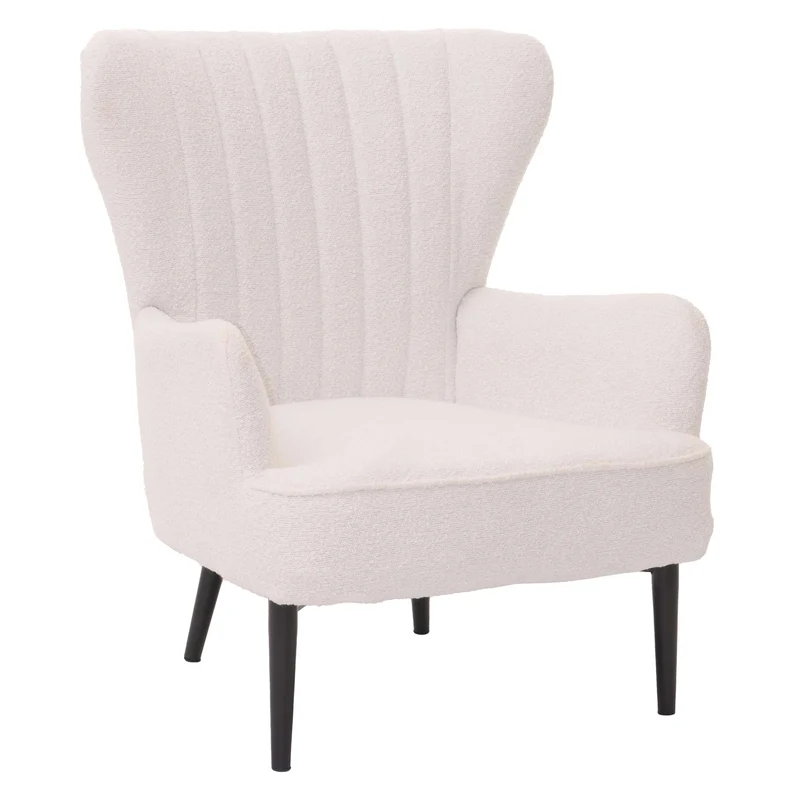 Fauteuil lounge design avec accoudoirs assise large confort épais style rétro tissu bouclé blanc structure métal 04_0009997