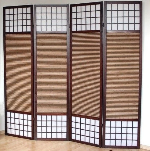 Paravent 4 panneaux marron en bois et bambou 176 x175 cm PAR06010