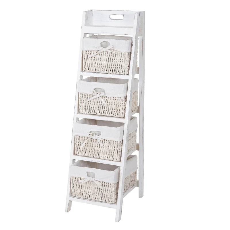 Étagère échelle avec 4 tiroirs panier 101x30cm style vintage en bois blanc 04_0002545