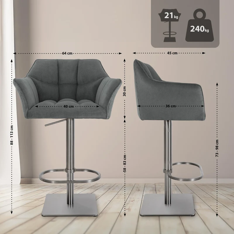 Tabouret de bar x1 réglable en velours côtelé gris assise enveloppante capitonnée et avec base carrée en acier inoxydable 10_0006125