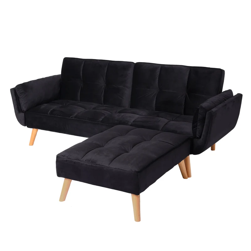 Canapé d’angle convertible velours noir avec méridienne modulable dossier réglable 3 positions 218x175 cm 04_0010442