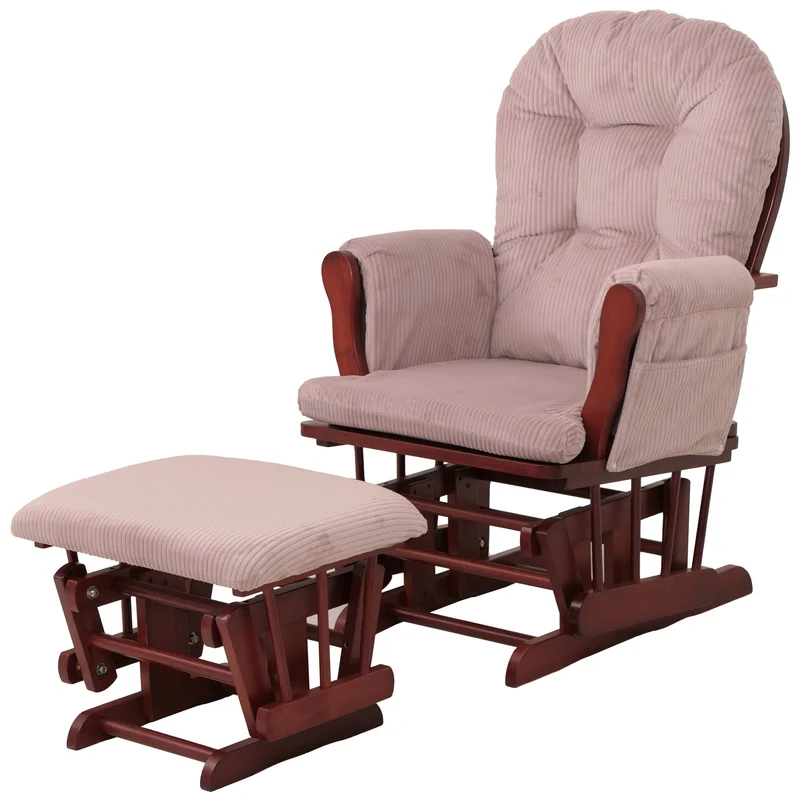Fauteuil relax à bascule avec repose-pieds tissu velours côtelé rose structure bois d’hévéa 04_0009675