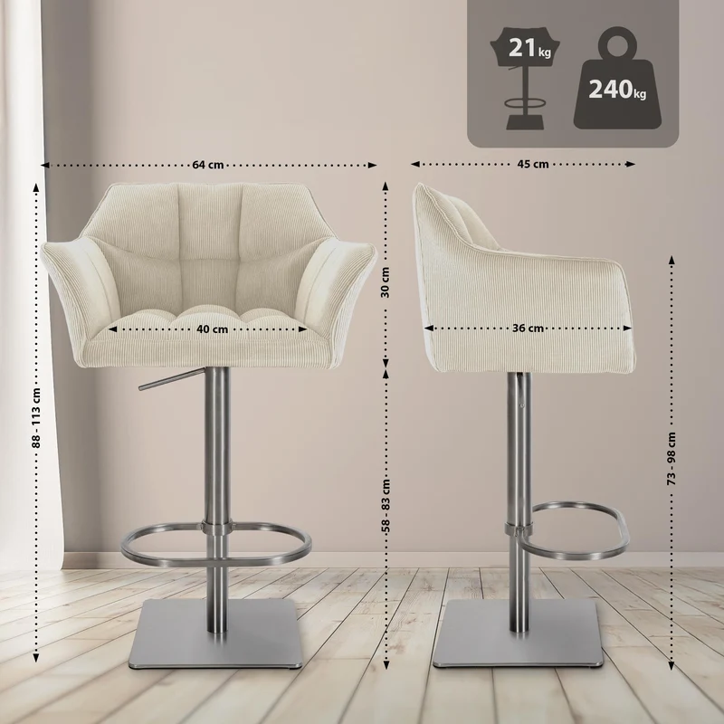 Tabouret de bar x1 réglable en velours côtelé crème assise enveloppante capitonnée et avec base carrée en acier inoxydable 10_0005895