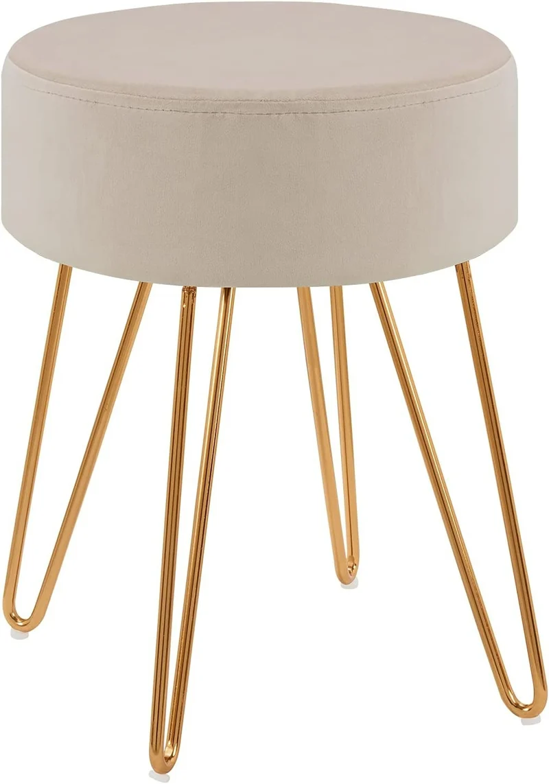 Tabouret en tissu velours crème pieds en métal doré 35x35x45 cm TABO09078