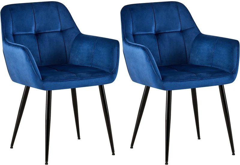 Lot de 2 chaises de salle à manger design retro coutures décoratives en carrées assise en velours bleu 10_0001531
