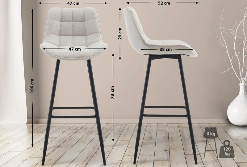 Tabouret de bar x1 coutures décoratives carrées avec repose-pieds en tissu crème quatre pieds en métal 10_0006135