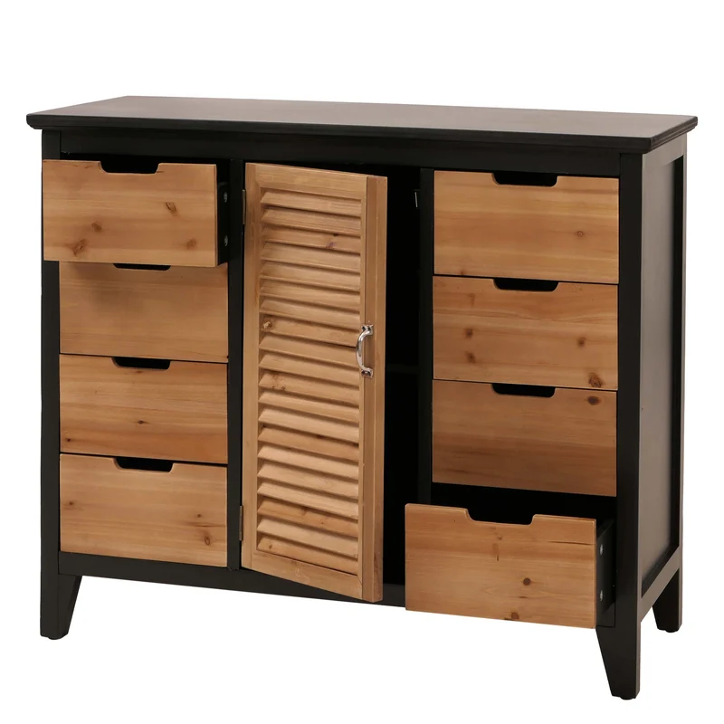 Commode style apothicaire vintage avec 8 tiroirs et 2 compartiments meuble de rangement shabby chic noir façade effet volets 04_0009124