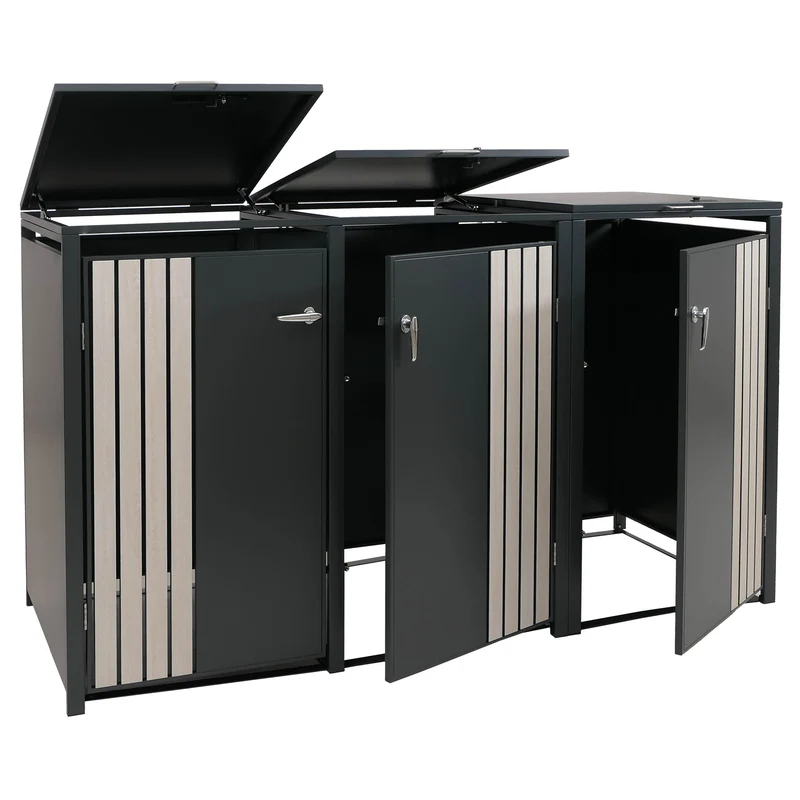 Cache-poubelles triple avec couvercle abri pour 3 poubelles 80 à 240 L métal anthracite effet bois clair 04_0009347