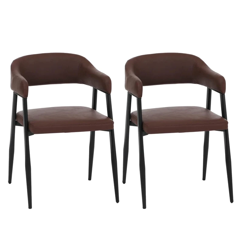 Lot de 2 chaises de salle à manger style industriel rétro avec accoudoirs en métal et similicuir marron-rouge 04_0008986