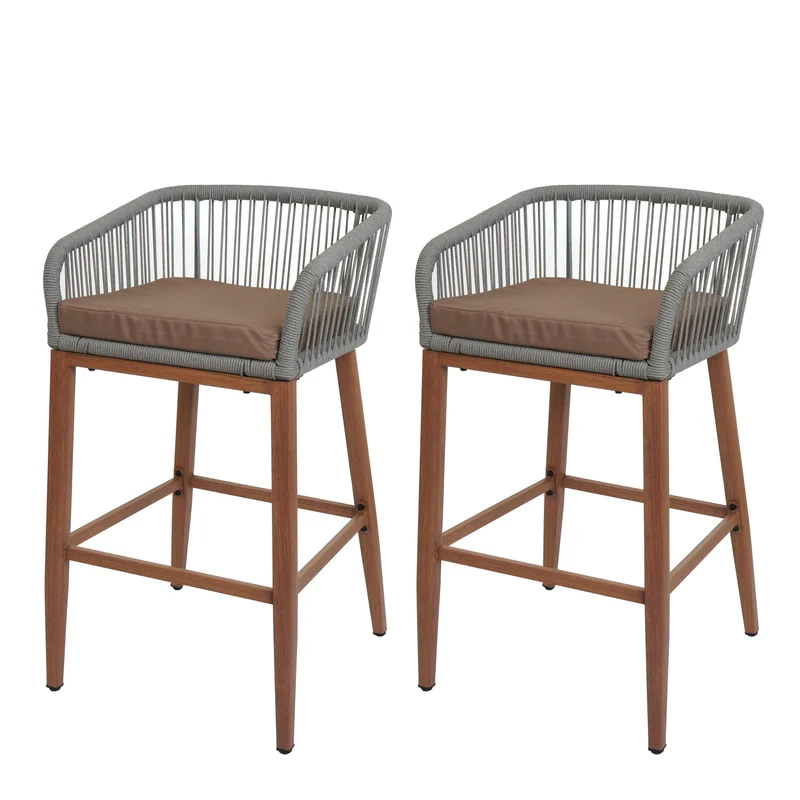 Lot de 2 tabourets de bar design avec corde tressée pour intérieur et extérieur avec coussins taupe structure métal effet bois 04_0009604
