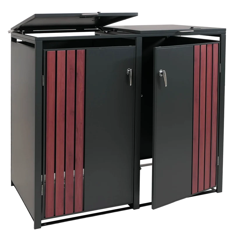 Cache-poubelles extérieur pour 2 bacs 80 à 240 L en acier anthracite effet bois foncé abri poubelles avec couvercles et portes verrouillables 132 x 84 x 122 cm 04_0009350