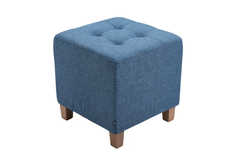 Tabouret bas repose-pieds pouf capitonné en tissu bleu pieds en bois 45x46 cm 10_0000158
