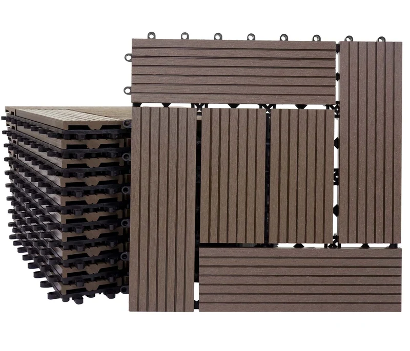Carrelage de sol WPC balcon terrasse aspect bois 11 pièces 30x30cm 1m² décalage en teck couleur café 04_0005437