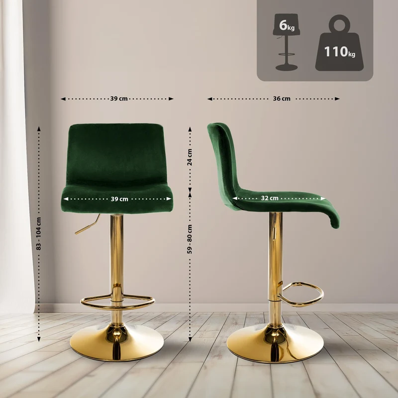 Tabouret de bar x1 en velours vert réglable en hauteur 59-80 cm pivotant 360° piètement métal doré avec dossier et repose-pieds 10_0006271