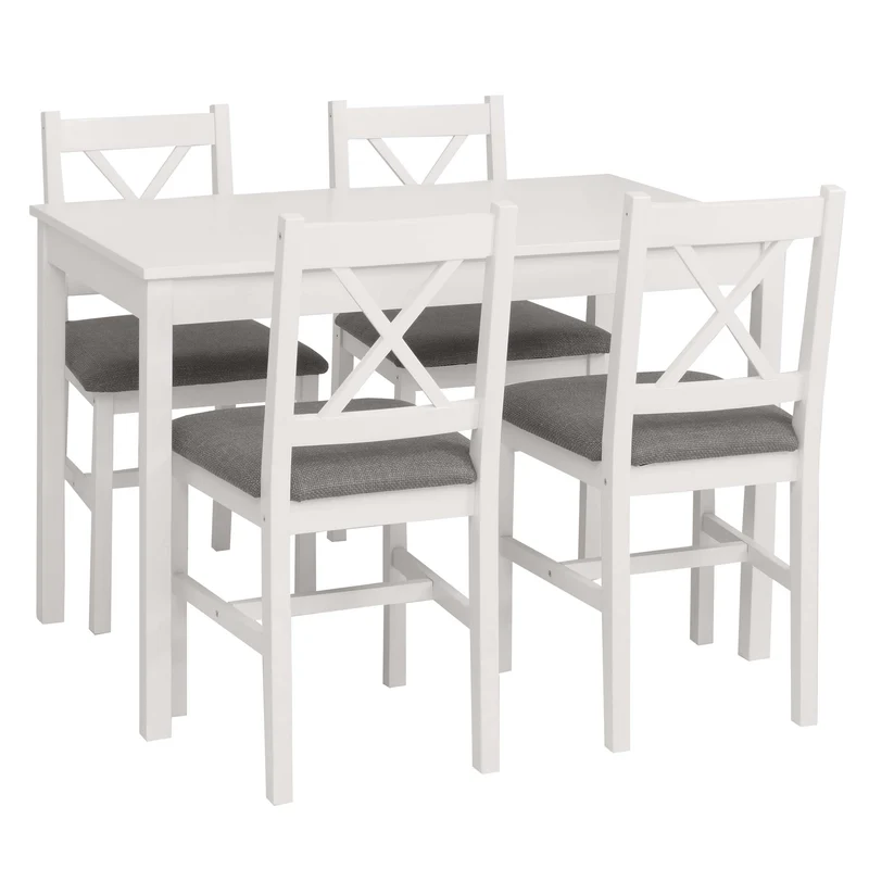 Ensemble salle à manger style maison de campagne avec table et 4 chaises en bois massif blanc avec assises grises 04_0009060