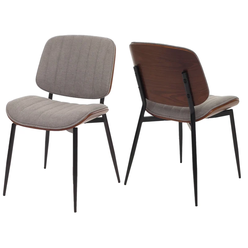 Lot de 2 chaises de salle à manger design rétro avec dossier en bois courbé et revêtement tissu gris clair aspect noyer 04_0009467