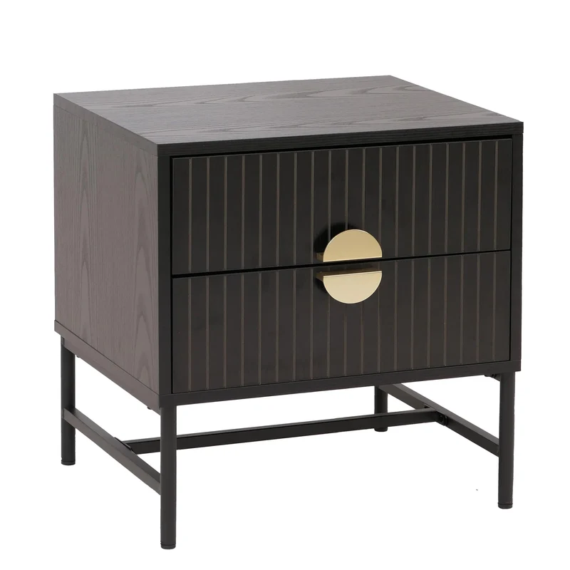 Table de chevet avec 2 tiroirs façades à lamelles design contemporain 50x48x39 cm en MDF mélaminé noyer et métal 04_0009196
