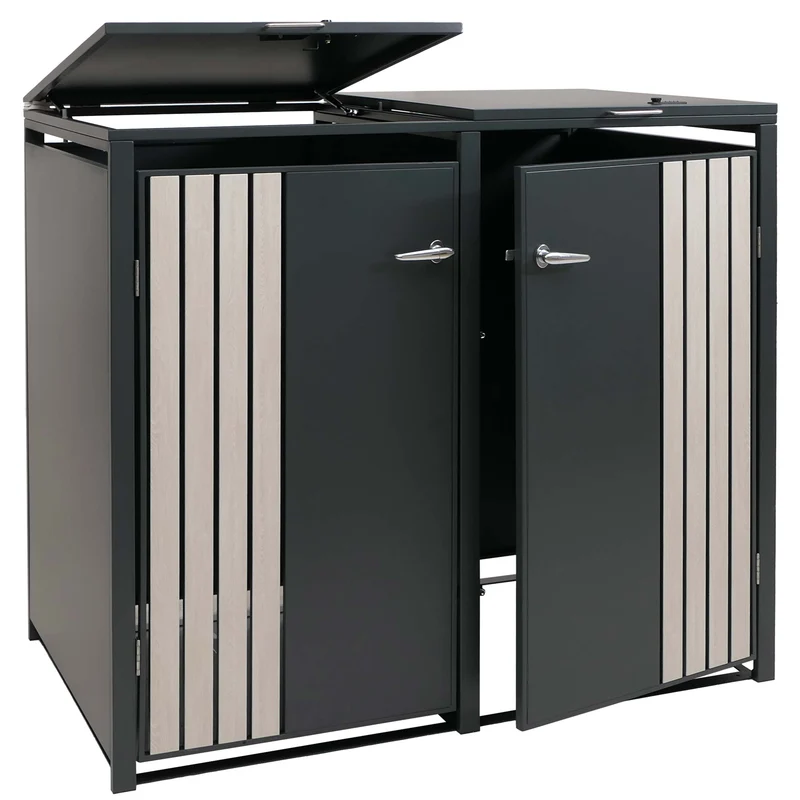 Cache-poubelles pour 2 bacs avec couvercle abri pour poubelles en métal 122x132x84 cm anthracite aspect bois clair 04_0009351