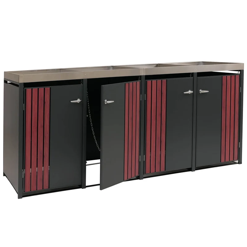 Cache-poubelles pour 4 bacs avec jardinière abri pour poubelles en métal 125x260x84 cm anthracite aspect bois foncé 04_0009313