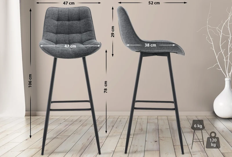 Lot de 2 tabourets de bar coutures décoratives carrées avec repose-pieds en tissu gris foncé quatre pieds en métal 10_0006536