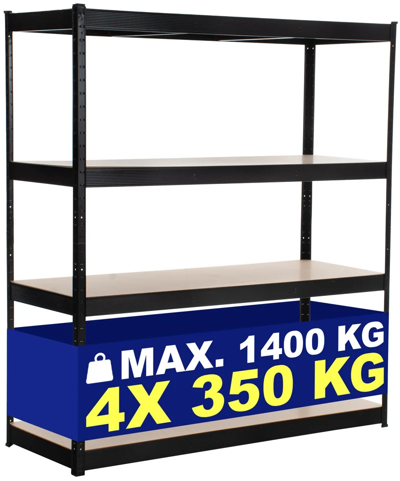 Étagère de stockage charge lourde 160x180x60 cm métal galvanisée noir avec 4 niveaux réglables capacité 350 kg par niveau 10_0009025
