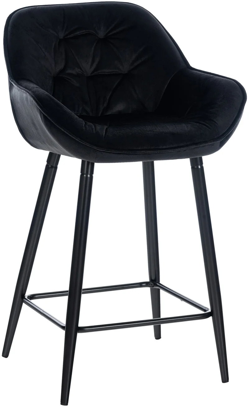 Tabouret de bar x1 moderne en velours noir assise enveloppante capitonnée pieds métal noir 10_0005623