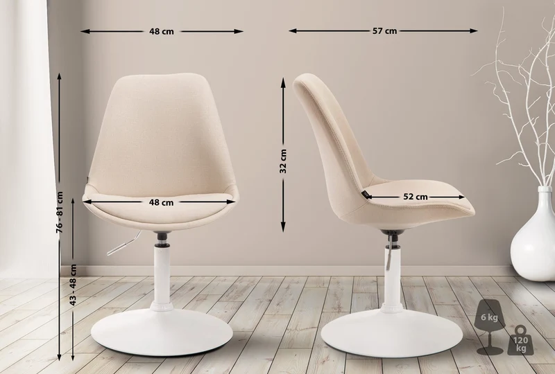 Chaise de salle à manger x1 pivotante hauteur réglable en tissu crème et pied trompette en métal blanc 10_0008277