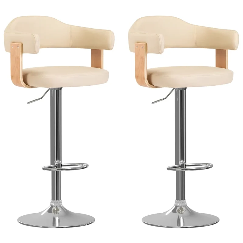 Lot de 2 tabourets de bar chaises hautes design rétro en bois courbé PVC crème et fer DEC029647