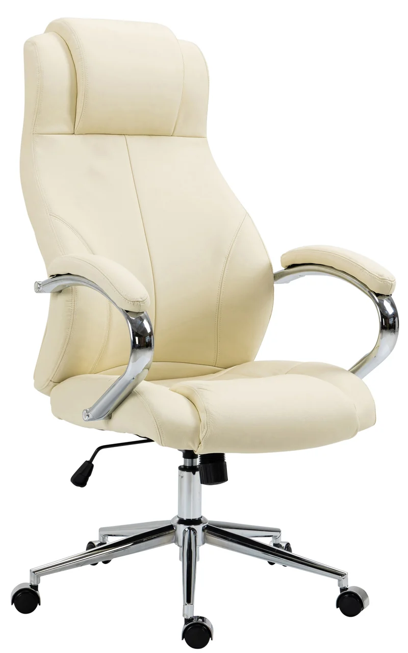 Fauteuil de bureau sur roulettes dossier ergonomique en S appui-tête en cuir véritable crème et métal 10_0006995